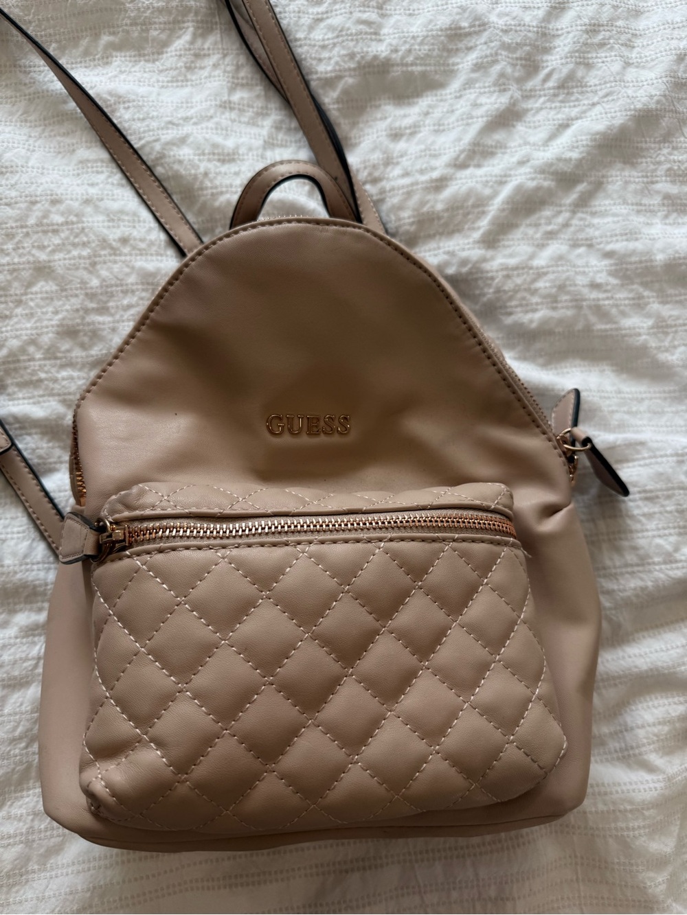 GUESS Quilted Beige Mini Backpack with Gold Hardware